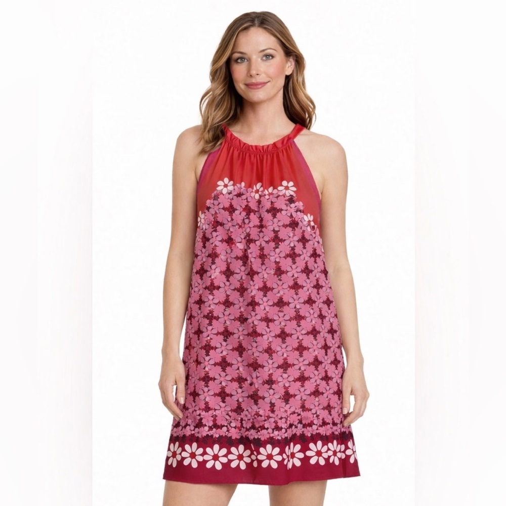 Max Studio Floral Halter Sundress Red Pink Mini Dress Pockets XL Boho
